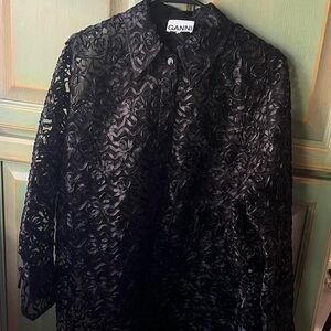 black GANNI polyester sheer textured oversized button up. size 36 / size 4